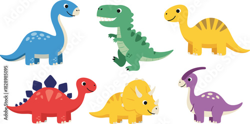 Cute cartoon dinosaurs set vector illustration collection of six colorful prehistoric animals including t-rex and triceratops isolated for kids.