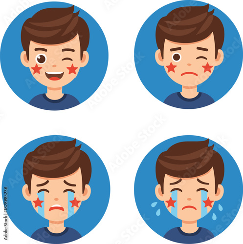 Cute cartoon boy avatar set vector illustration showing happy and crying emotions with red stars on cheeks inside blue circles.