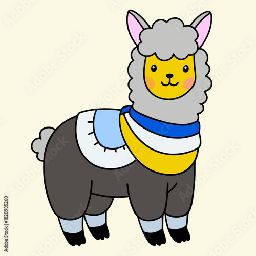 Cute cartoon llama with decorative saddle illustration flat design Vector, illustration