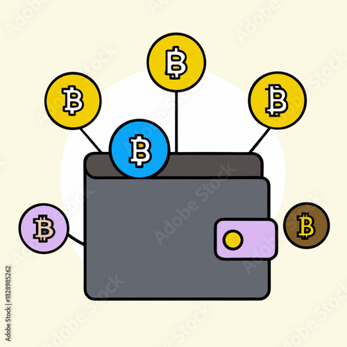 Digital crypto wallet showing various currency symbols and blockchain. Vector, illustration