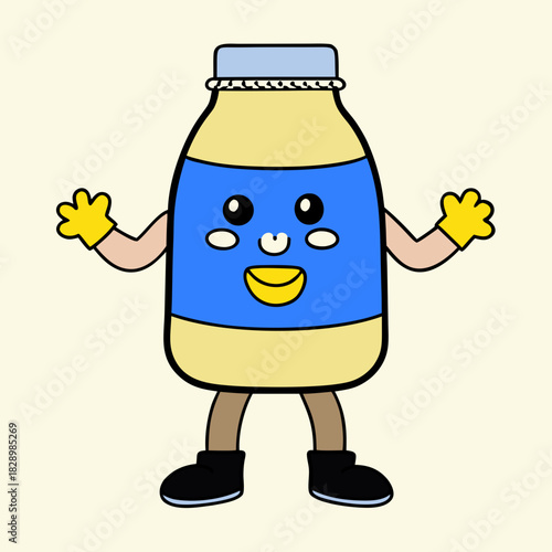 Cute cartoon bottle character with a happy face and yellow gloves Vector, illustration