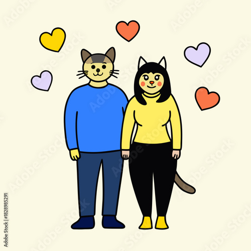 Cartoon cat couple standing with floating hearts, embracing love Vector, illustration
