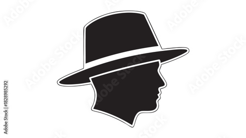 Silhouette of a man wearing a fedora hat, classic design for profile view, retro style