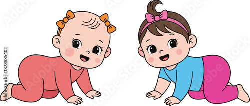 Cute cartoon baby girls crawling vector illustration showing two happy sisters or friends playing together isolated on white background.