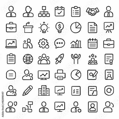 Business Icon Set: A comprehensive collection of business icons that serve as visual representations of diverse aspects, conveying concepts such as meetings, finance, teamwork, communication.