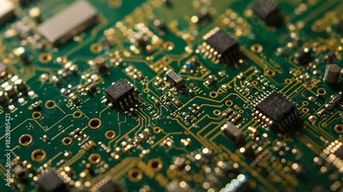 Close-up of a green printed circuit board with integrated circuits and gold traces abstract chip