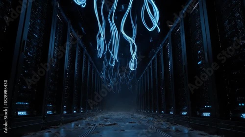 Mysterious corridor with glowing blue lights and futuristic architecture design.