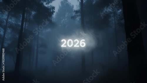 Mysterious 2026 glowing text in a foggy dark forest at night.
