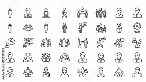 Human Icons: A comprehensive array of icons representing diverse human figures, ideal for communication, business, and social concepts, perfect for graphic design. 