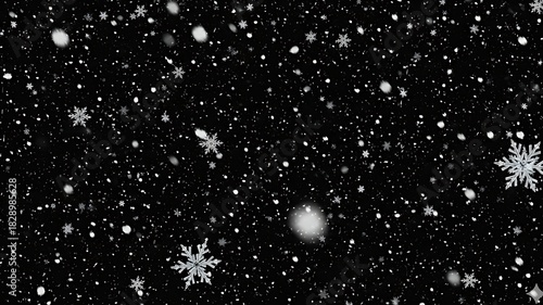 Realistic Falling Snow Overlay with Sharp and Blurred Snowflakes on Black
