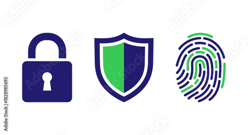 Digital Security Icons - Padlock, Shield, and Fingerprint for Data Protection.