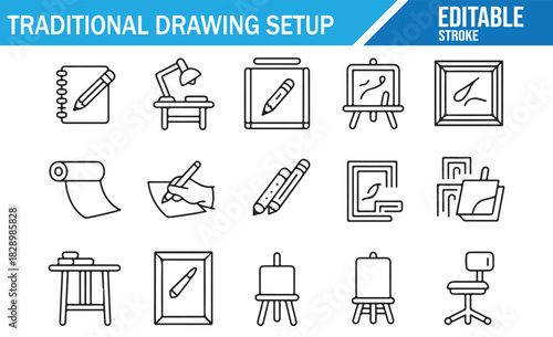 Traditional artist workspace line icons with editable stroke vector set