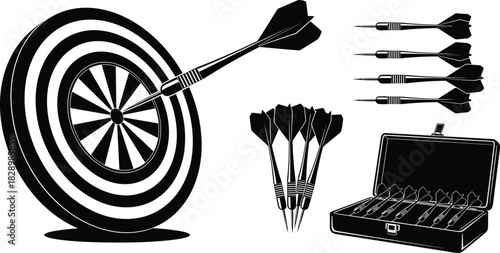 Black and white dartboard with darts and case dart case dartboard, darts, dart case, game, sport, competition, target, bullseye, flight, needle, precision, accuracy, leisure, recreation, entertainment