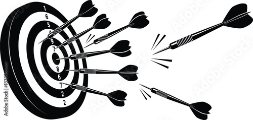 Black and white darts hitting a dartboard with motion lines darts, dartboard, target, game, sport, competition, accuracy, precision, aim, bullseye, score, numbers, black and white, monochrome, graphic