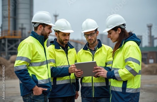Team of experts in safety wear works at construction. Men and woman watch the tablet and discuss plan. Engineers inspect industrial object outdoor. Safety control and management.