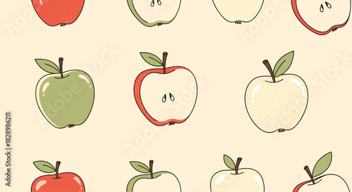 A sweet and healthy seamless fruit pattern with whole and sliced red green and yellow apples on a light background.