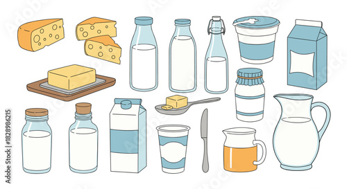 A large collection of hand-drawn dairy products including milk cheese butter and yogurt in various packaging and forms.