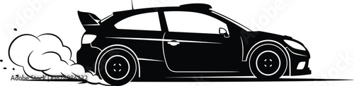 Black rally car drifting with smoke and dust vector car, rally car, drifting, smoke, dust, motion, speed, action, sport, racing, vehicle, automotive, black and white, silhouette, graphic, illustration