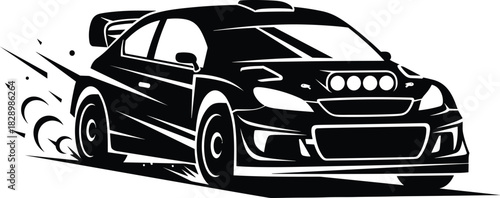Black rally car with speed lines and dust racing car rally car, racing car, sports car, black and white, monochrome, speed, motion, dust, dirt, off-road, rally racing, automotive, vehicle, graphic, il