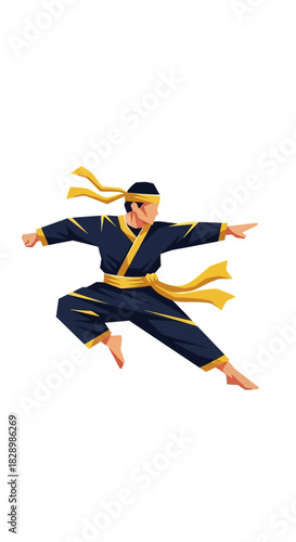 Dynamic martial artist in mid-air jump showcasing powerful combat skills.