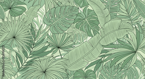 A lush and dense seamless pattern of various green tropical leaves including monstera and palm creating a jungle wallpaper.