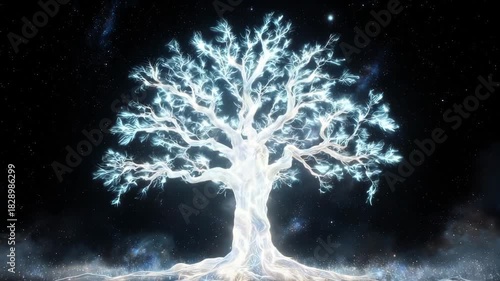 Mystical glowing tree of life in dark cosmic background.