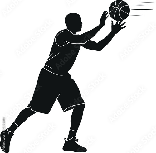 Black silhouette of a basketball player dribbling a ball basketball, player, silhouette, black, white, sport, game, action, dribbling, ball, movement, motion, speed, athletic, male, man, person, activ