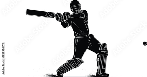 Black silhouette of a cricket batsman hitting a ball cricket, batsman, sport, game, athlete, player, action, hitting, swing, bat, ball, helmet, pads, gloves, uniform, silhouette, black and white, grap