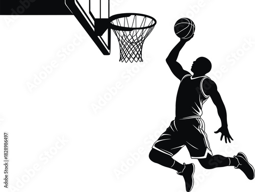 Black silhouette of a basketball player dunking on a white background basketball, player, silhouette, dunk, hoop, net, ball, sport, athletic, action, jump, motion, game, competition, athlete, male, pe