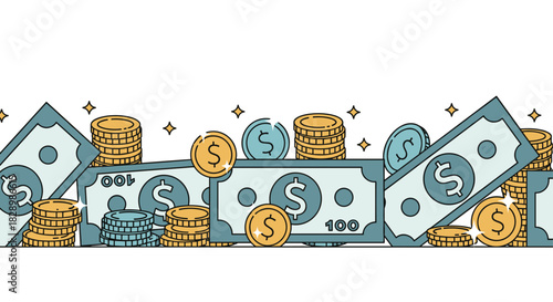 A horizontal border of cartoon money with stacks of gold coins and dollar bills illustrating wealth and financial success.