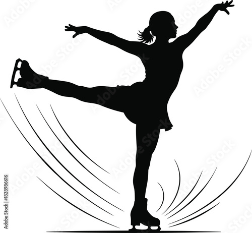 Black silhouette of a female figure skater in motion figure skating, silhouette, woman, female, ice skating, sport, athlete, motion, dynamic, action, performance, dance, graceful, elegant, jump, spin,