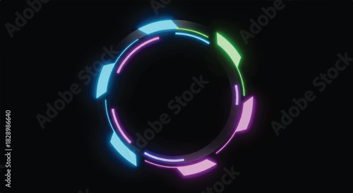 Digital high-tech circular element with vibrant glowing segments, a futuristic user interface or HUD graphic