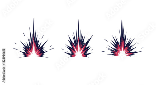 A set of three dynamic comic book style explosion or blast effects with sharp spikes in red and dark blue colors.