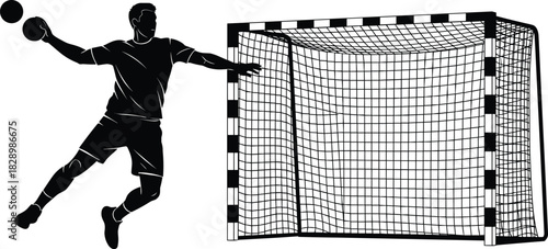 Black silhouette of a handball player throwing a ball near a net handball, player, silhouette, black and white, sport, athlete, throwing, ball, net, goal, action, movement, jump, dynamic, game, compet