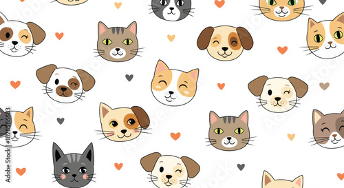 An adorable seamless pattern for pet lovers with cute cartoon cat and dog faces surrounded by small hearts on white background.