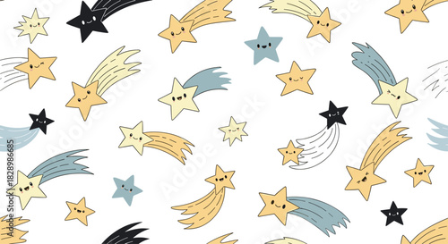 A magical seamless pattern for kids featuring cute cartoon shooting stars with happy faces on a clean white background.
