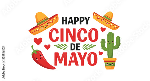 A festive Happy Cinco de Mayo greeting card design with cute cartoon sombrero chili pepper and cactus characters with hearts.