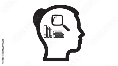 Minimalist graphic depicting a human head with books and a magnifying glass, symbolizing continuous learning, in-depth research, and the pursuit of knowledge for intellectual development and discovery