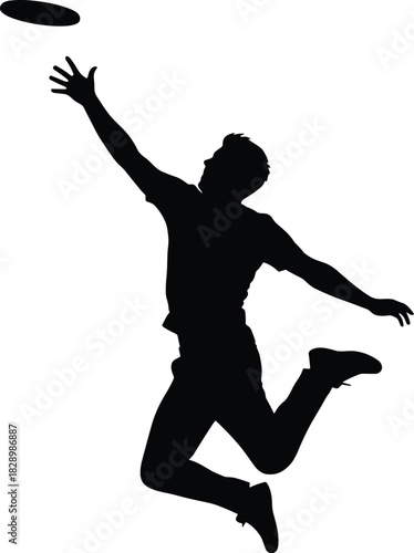 Black silhouette of a man jumping to catch a frisbee man, silhouette, black, white, frisbee, disc, flying, catching, jumping, leaping, athletic, sport, game, outdoor, activity, motion, dynamic, action