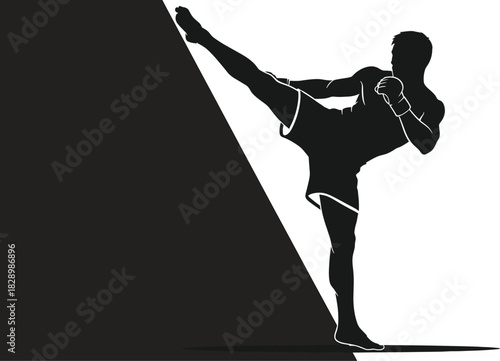 Black silhouette of a man performing a high kick martial arts martial arts, kickboxing, fighter, silhouette, black and white, action, sport, combat, training, exercise, strength, power, dynamic, movem