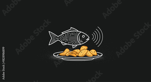 Humorous black and white illustration depicting a robotic fish with circuit patterns emitting soundwaves over a plate of chips.