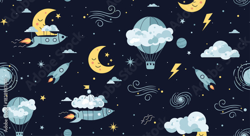 Whimsical seamless space pattern for kids featuring cute rockets smiling moons hot air balloons clouds and stars on a dark sky.