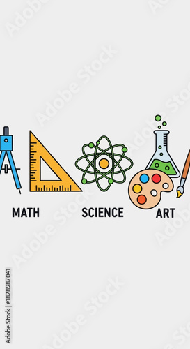 Educational subjects represented by math, science, and art icons.