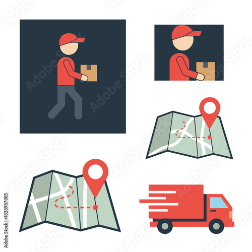 Delivery service icons with courier, map, and truck for efficient shipping.