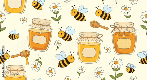 Adorable seamless pattern with cute cartoon bees flying around honey jars and chamomile flowers on a light yellow background.