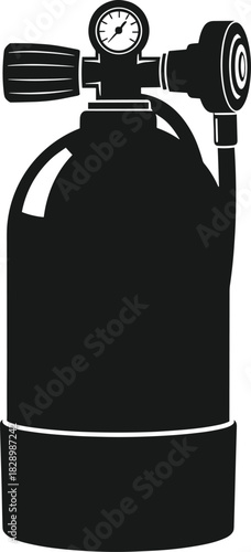Black silhouette of a scuba diving tank with pressure gauge scuba tank, diving equipment, oxygen cylinder, gas cylinder, pressure gauge, regulator, diving gear, underwater, black and white, silhouette