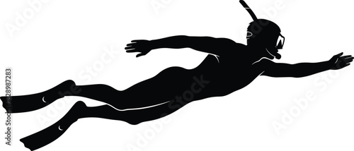 Black silhouette of a snorkeler swimming underwater snorkeling, swimmer, underwater, black silhouette, white background, diving, recreation, sport, activity, water sport, leisure, person, human, male,