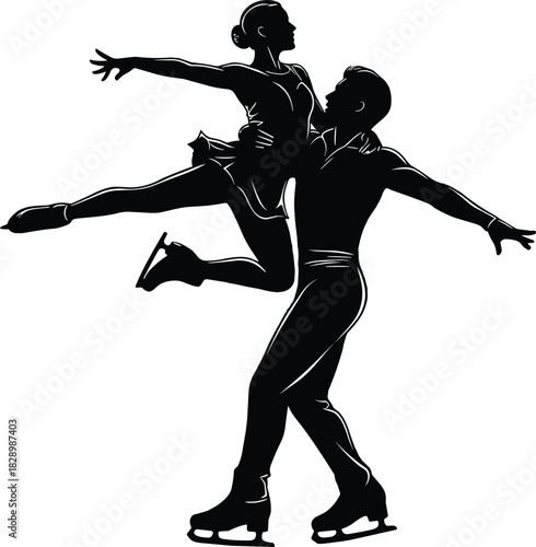 Black silhouette of figure skaters performing a lift figure skating, ice skating, silhouette, couple, dance, sport, performance, lift, ice, winter, motion, elegance, grace, athletic, pair skating, com