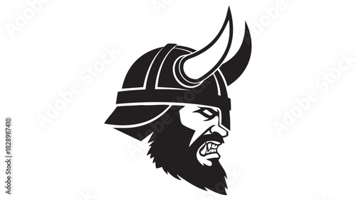 Illustration of a fierce Viking warrior's head in profile with a horned helmet, beard, and determined expression, suitable for emblems and mascots