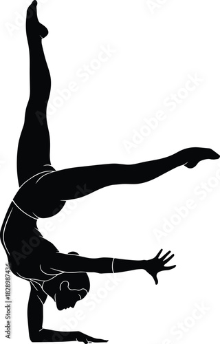 Black silhouette of gymnast performing handstand split gymnastics, gymnast, handstand, split, athletic, athlete, silhouette, black and white, pose, flexibility, strength, balance, sport, fitness, move